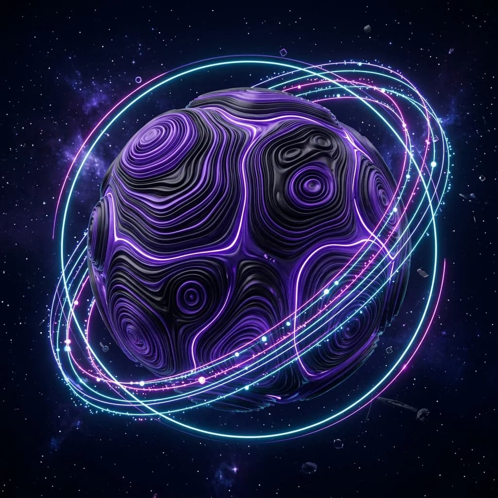 Futuristic 3D sphere with glowing orbital rings
